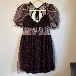 SHEIN Puff Sleeve Black with Red Heart Mesh Dress Sweetheart Neckline